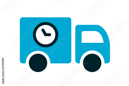 Blue fast delivery truck. Small delivery van with a clock. Cargo vehicle with time symbol. Prompt shipping. Online shopping icon. Delivery service. Cartoon style. Vector illustration, flat, clip art 