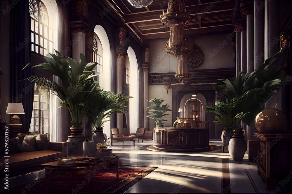 luxury hotel lobby illustration by generative AI Stock Illustration