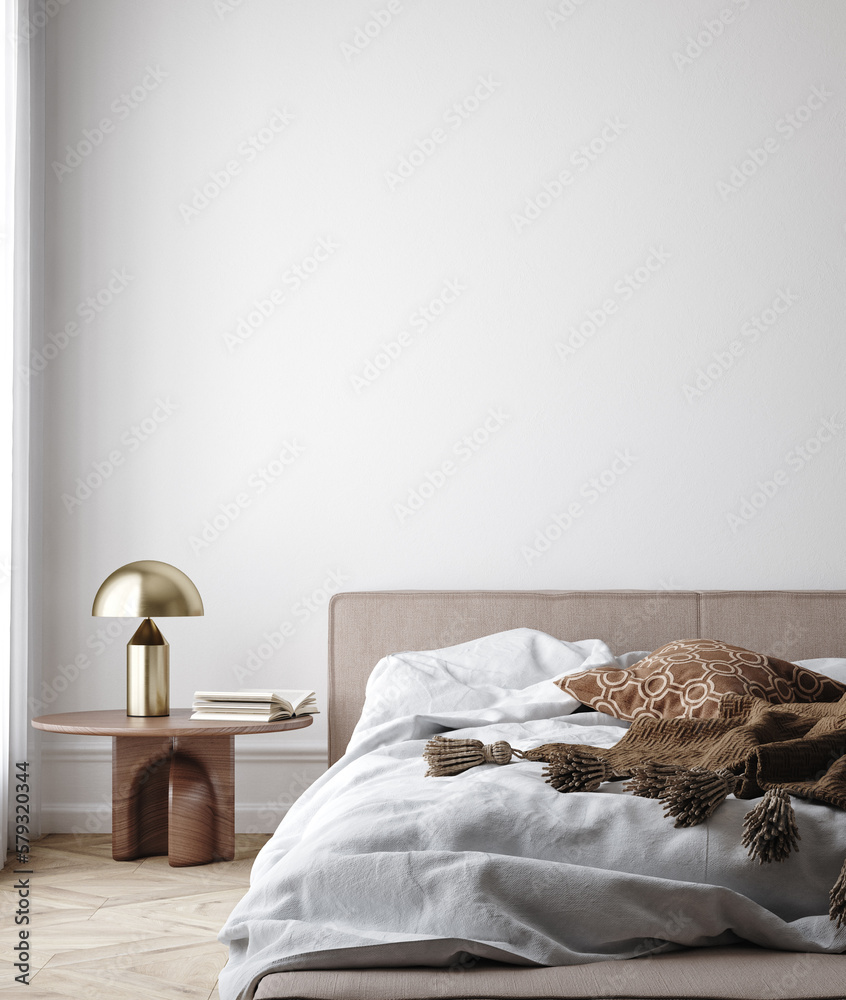 Home mock-up, blank wall in Scandinavian bedroom interior, 3d render - obrazy, fototapety, plakaty 
