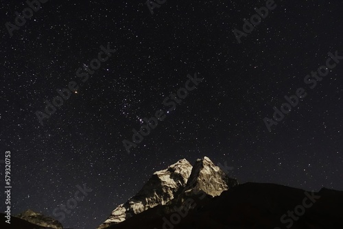 A starry night of Mt. Nuptse near Dingboche, en route to Everest Base Camp. 
