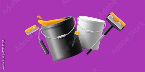 3d black and white bucket with yellow paint, brush and paint roller on purple background. The concept of painting services, restoration of the interior and exterior.