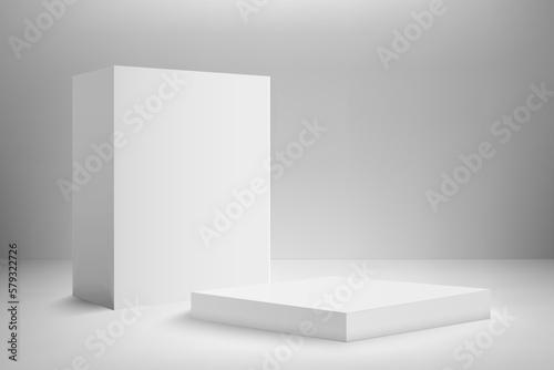 Abstract 3D realistic white empty square podium. Minimal scene for product display presentation. Award ceremony concept. Abstract scene with podium