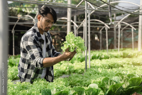 Asian farmer using hand holding tablet and organic vegetables hydroponic in greenhouse plantation. hydroponic salad vegetable garden owner working.