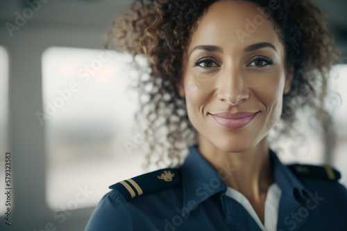 Generative ai strong and confident woman aircraft pilot posing looking camera