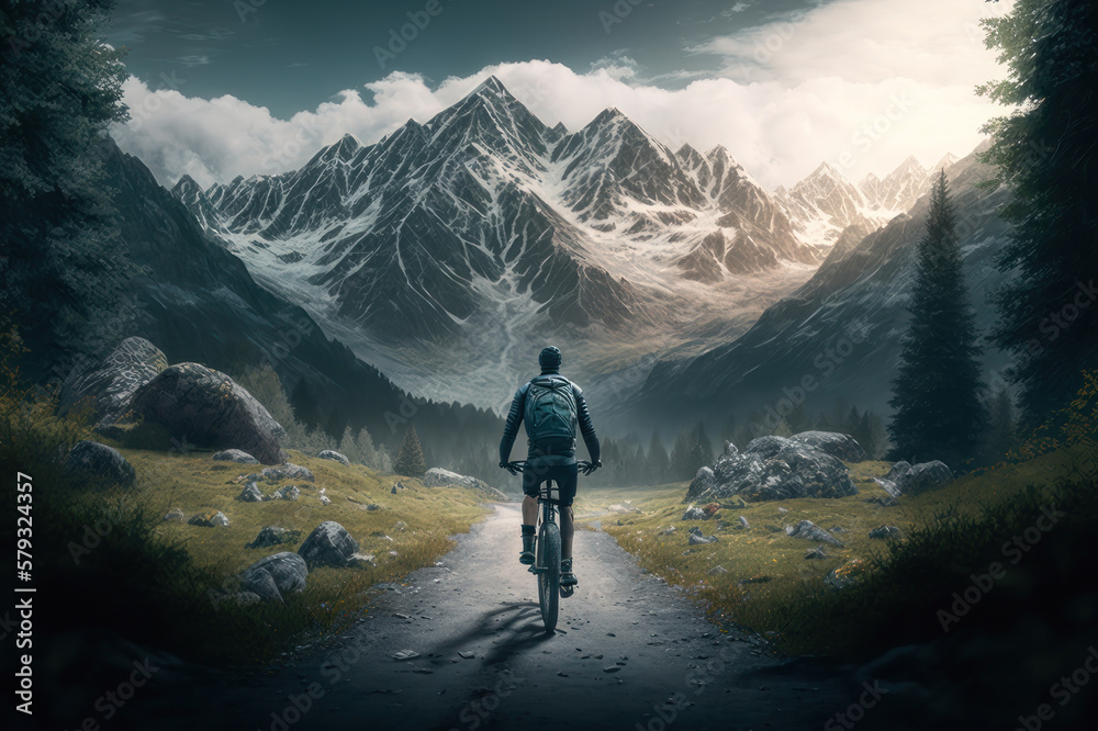 A man on a bicycle on the road in the mountains. AI generative.
