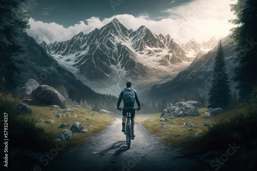A man on a bicycle on the road in the mountains. AI generative.