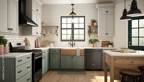 A modern farmhouse kitchen with shaker - style cabinets, subway tile backsplash, and open wood shelving. 