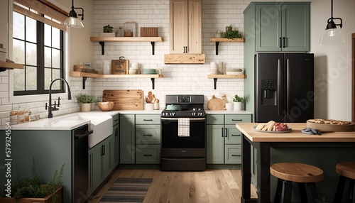 A modern farmhouse kitchen with shaker - style cabinets  subway tile backsplash  and open wood shelving. generative ai