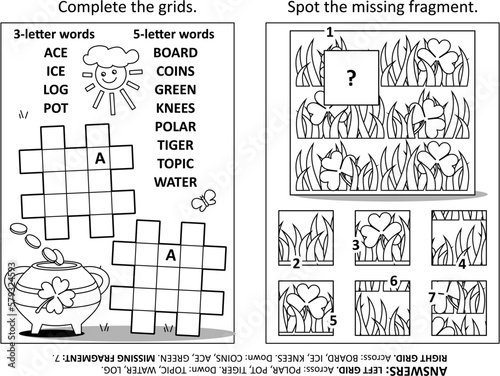 Activity page with two puzzles. Fill-in crossword puzzle. Spot the missing fragment. St. Patrick's Day holiday motives. Black and white. Answers included.
