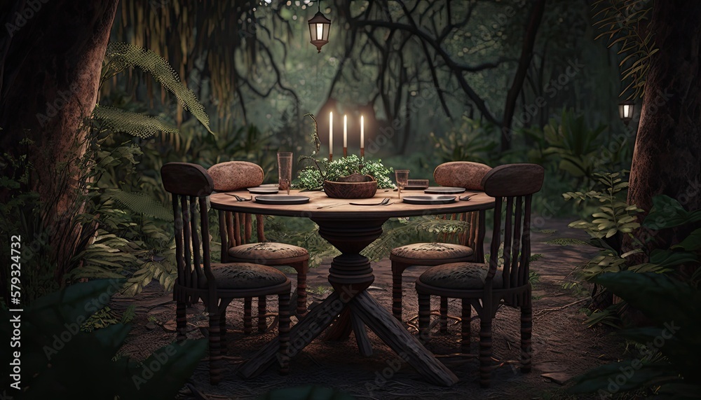 A rustic dining room set in the middle of a lush forest, complete with a wooden table and mismatched chairs.  generative ai