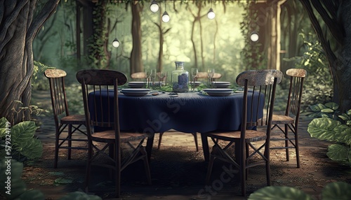 A rustic dining room set in the middle of a lush forest, complete with a wooden table and mismatched chairs. generative ai