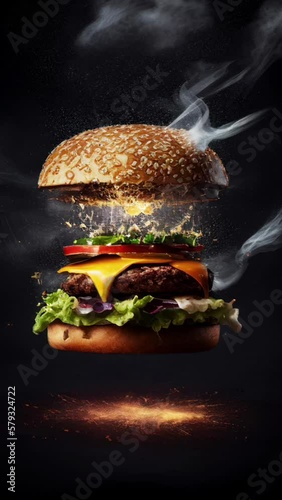 Hot and Fresh tasty delicious grilled hamburger. Motion photo