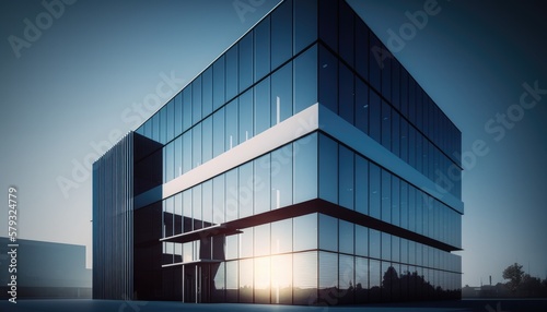 A sleek and modern office building with a glass façade reflecting the bright blue sky. generative ai