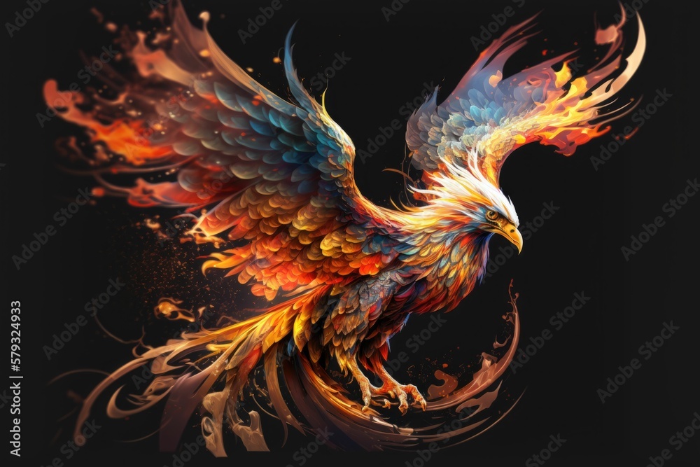 Fiery bird with colorful wings of fire. Generative AI. Fiery bird with colorful wings of fire. Generative AI.