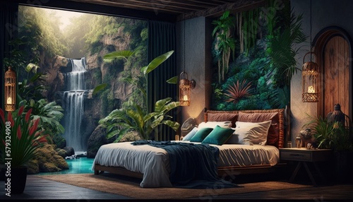 A cozy bedroom with a four - poster bed and a fluffy rug, placed in a tropical rainforest with lush greenery. generative ai