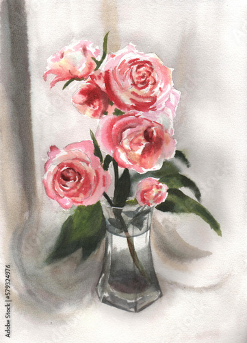Watercolor pictorial illustration of a bouquet of pink roses in a glass vase. Decoration of greeting cards, wedding invitations, posters.