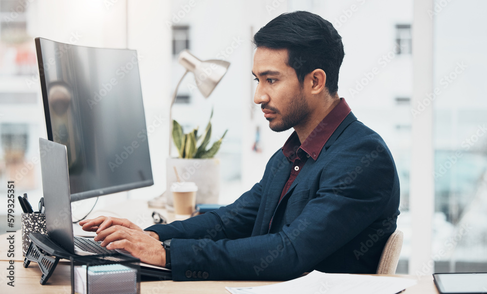 Laptop, office administration and business man typing on finance spreadsheet, bank software or financial accounting. Bookkeeping data, management profile and consultant problem solving payroll system Laptop, office administration and business man typing on finance spreadsheet, bank software or financial accounting. Bookkeeping data, management profile and consultant problem solving payroll system