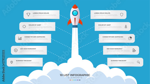 10 list of steps, layout diagram with stair level sequence, infographic element template with rocket startup/launch illustration photo