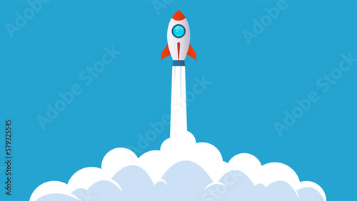 rocket ship launch to the space with blue sky and cloud background, startup vector illustration