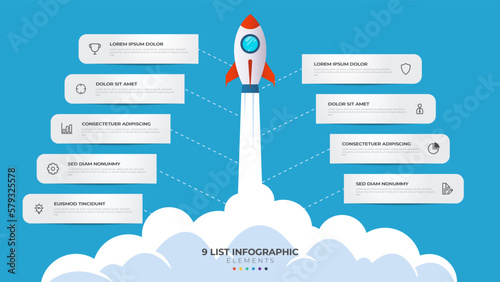 9 list of steps, layout diagram with stair level sequence, infographic element template with rocket startup/launch illustration