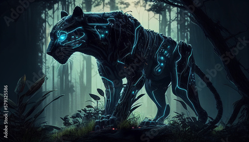 The Glowing Predator: Cyber Panther in a Neon Forest. Cyberpunk Style. Generative Ai © Putra