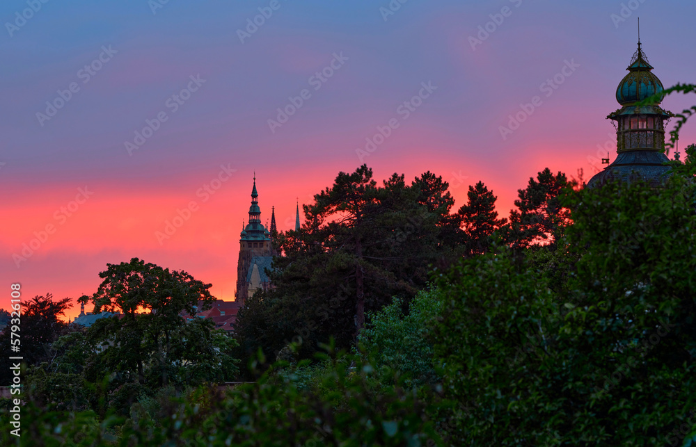 Spires of Prague at sunset