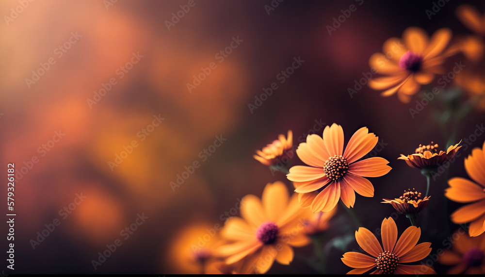 Beautiful abstract floral horizontal banner with copy space. Close up fresh flowers on blurred backdrop. Greeting card template. AI generative image.