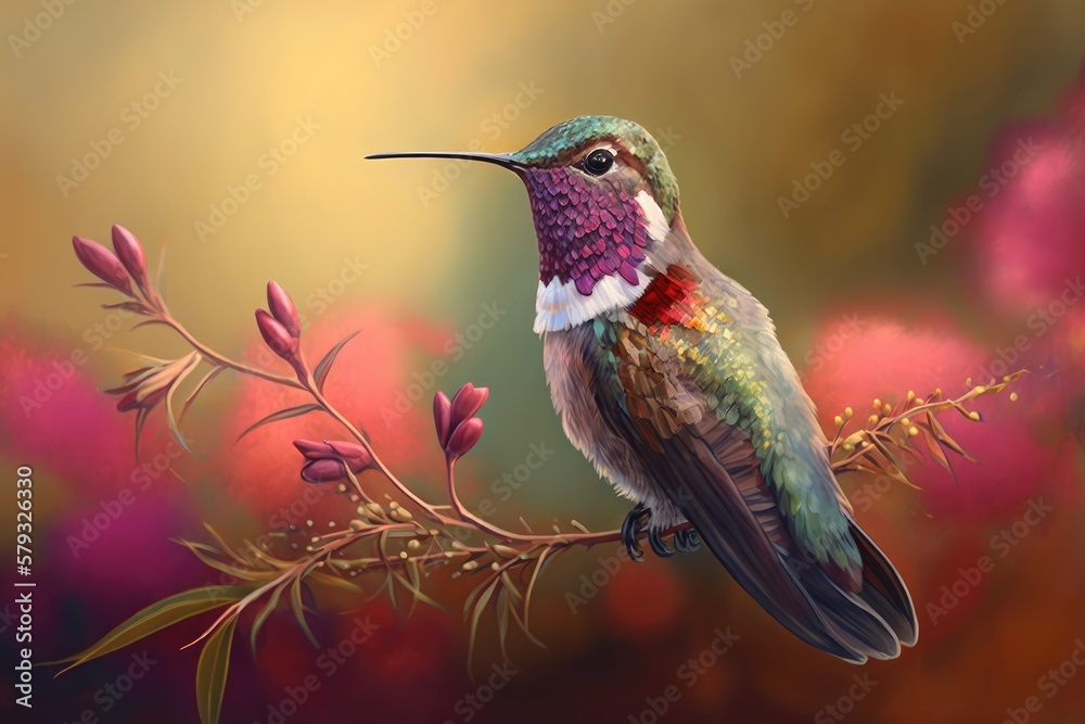 Fototapeta premium Hummingbird, Proud and Strutting Here, an Anna's Hummingbird strikes a posture while enjoying its nectar supplement. Its plumage features a variety of colors, including red, green, and deep brown. Bac