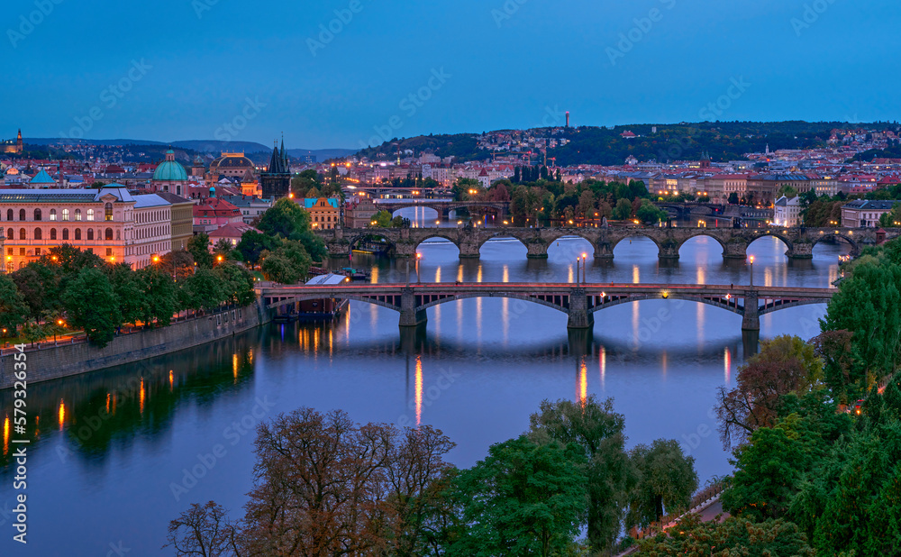 Panoramic view on Vltava river and the bridges, Prague