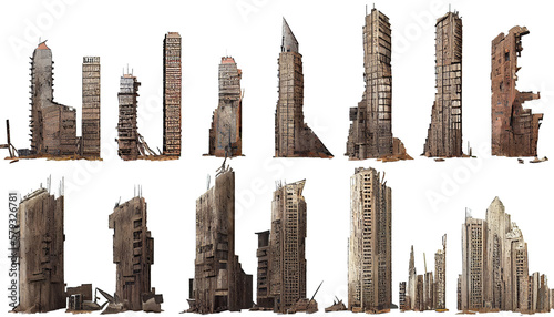 Ruined skyscrapers on isolated transparent background  photo