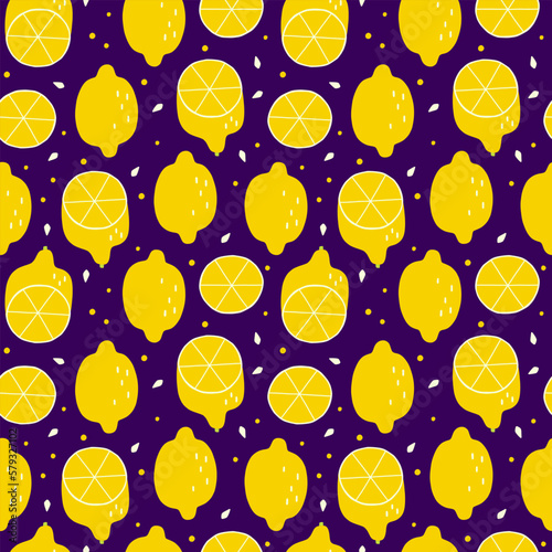 Lemon seamless pattern. Yellow blight fruits on dark background. Colorful high contrast summer print for kitchen textile. Vector illustration with textured lines.