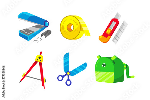 school objects set and education items, cutter, tape, pencil sharpener, compasses, scissor and stapler 