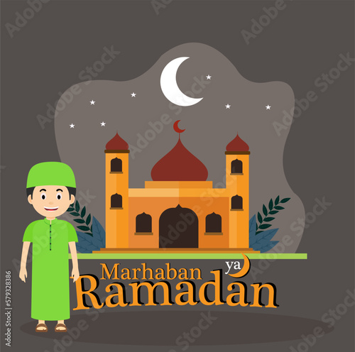 vector illustration of the dai's child in front of the mosque with the inscription marhaban ramadan photo
