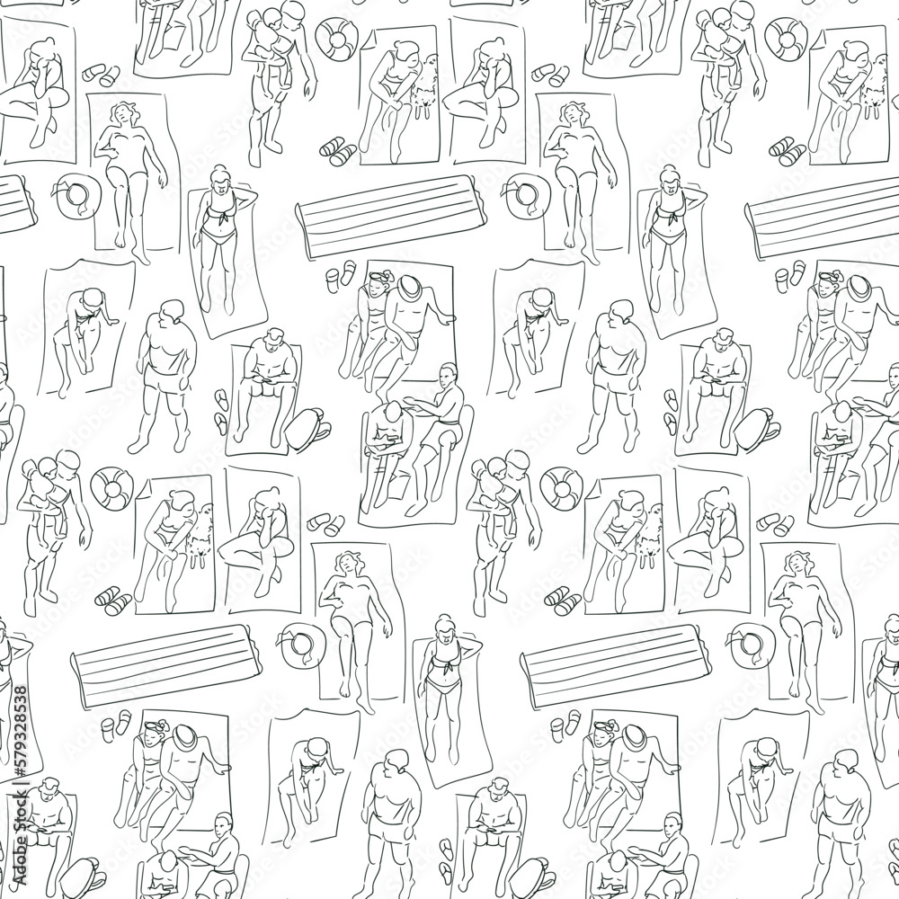 Vector pattern with people sunbathing on the beach in trendy flat style. A linear outline as a sketch on a white background. A small sketch for the background. printing on textiles and paper