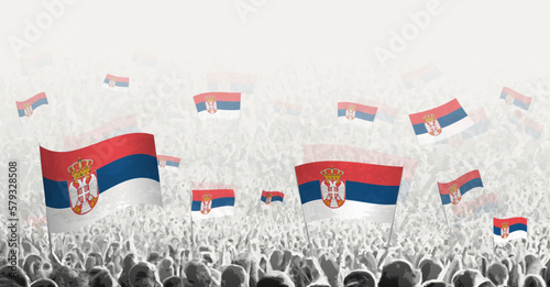 Abstract crowd with flag of Serbia. Peoples protest, revolution, strike and demonstration with flag of Serbia.