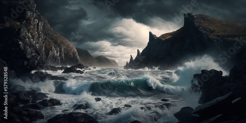 Photorealistic rocky coastline , generative AI 