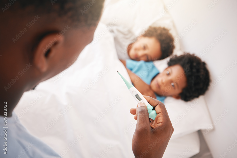 Black family, father and sick kids with thermometer for checking temperature, fever or illness at home in bed. Hand of African American dad taking children temp in bedroom for healthcare diagnosis Black family, father and sick kids with thermometer for checking temperature, fever or illness at home in bed. Hand of African American dad taking children temp in bedroom for healthcare diagnosis