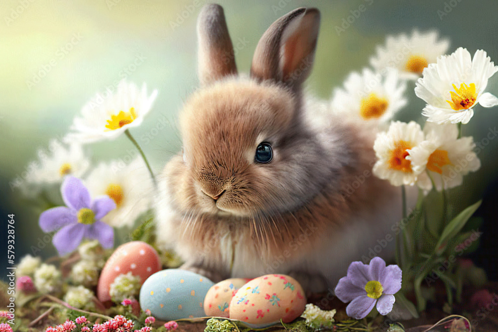 Cute little brown Easter Bunny with colorful Easter eggs in the meadow with spring flowers, Easter, Generative AI Cute little brown Easter Bunny with colorful Easter eggs in the meadow with spring flowers, Easter, Generative AI