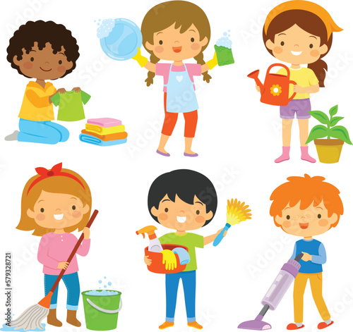 Cartoon kids doing housework or home chores such as cleaning and laundry. 