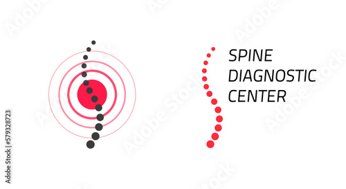 Spine rehabilitation center logo vector or spinal vertebra pain ache orthopedic surgery healthcare clinic logotype graphic illustration, backbone chiropractic dots medical sign image clipart