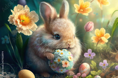 Cute tiny Easter Bunny with colorful Easter eggs in the meadow with beautiful spring flowers, Easter, Generative AI © Eva