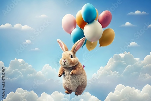 A cute Easter bunny with Easter eggs fly against the blue sky made with Generative AI photo