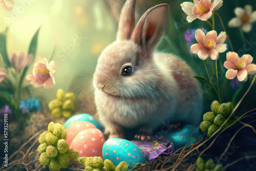 Cute little Easter Bunny with colorful Easter eggs in the meadow with spring flowers, Easter, Generative AI © Eva