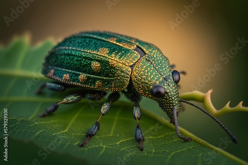 Nut Weevil Crawling on Green Leaf - Ai Generated © Digital Dreamscape