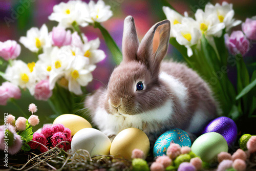 Cute Easter Bunny with colorful Easter eggs in the flowers background, Easter, Generative AI	