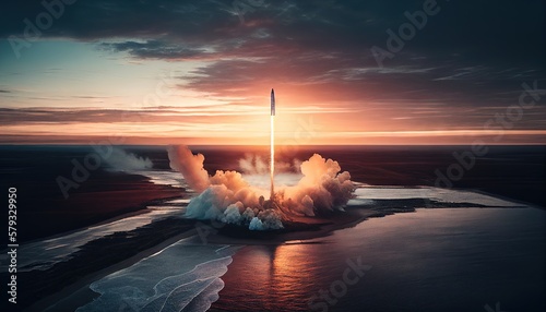Earth's Spaceport: Stunning Night View of Shuttle Launch from Earth. Generative AI.