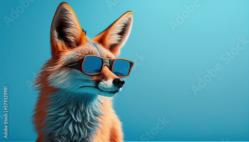 Cool fox face with sunglasses, empty copy space for text, pastel blue studio background. Generative AI.