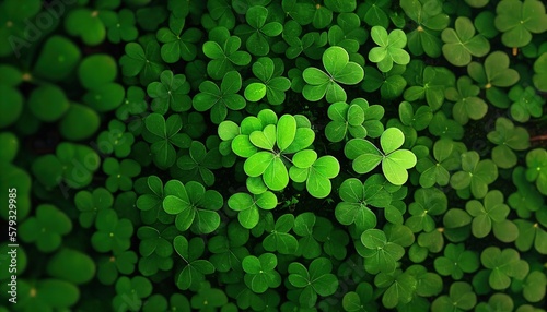 Lucky Four Leaf Clover on Green Background for St. Patrick's Day. Generative AI.