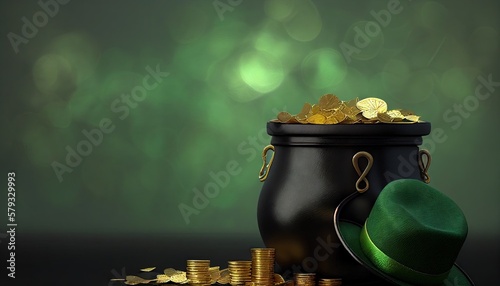 Pot of Gold Coins and Leprechaun Hat, St. Patrick's Day Holiday. Generative AI.