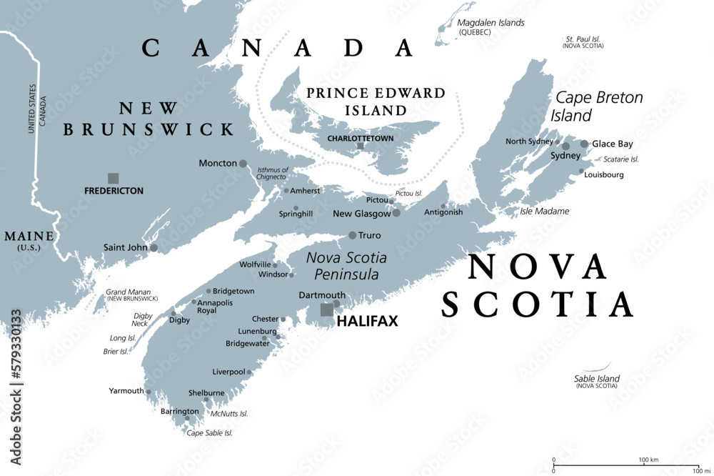 Nova Scotia, Maritime and Atlantic province of Canada, gray political map. Cape Breton Island and Nova Scotia Peninsula, with capital Halifax. Bordering on the Gulf of Maine and on the Atlantic Ocean.